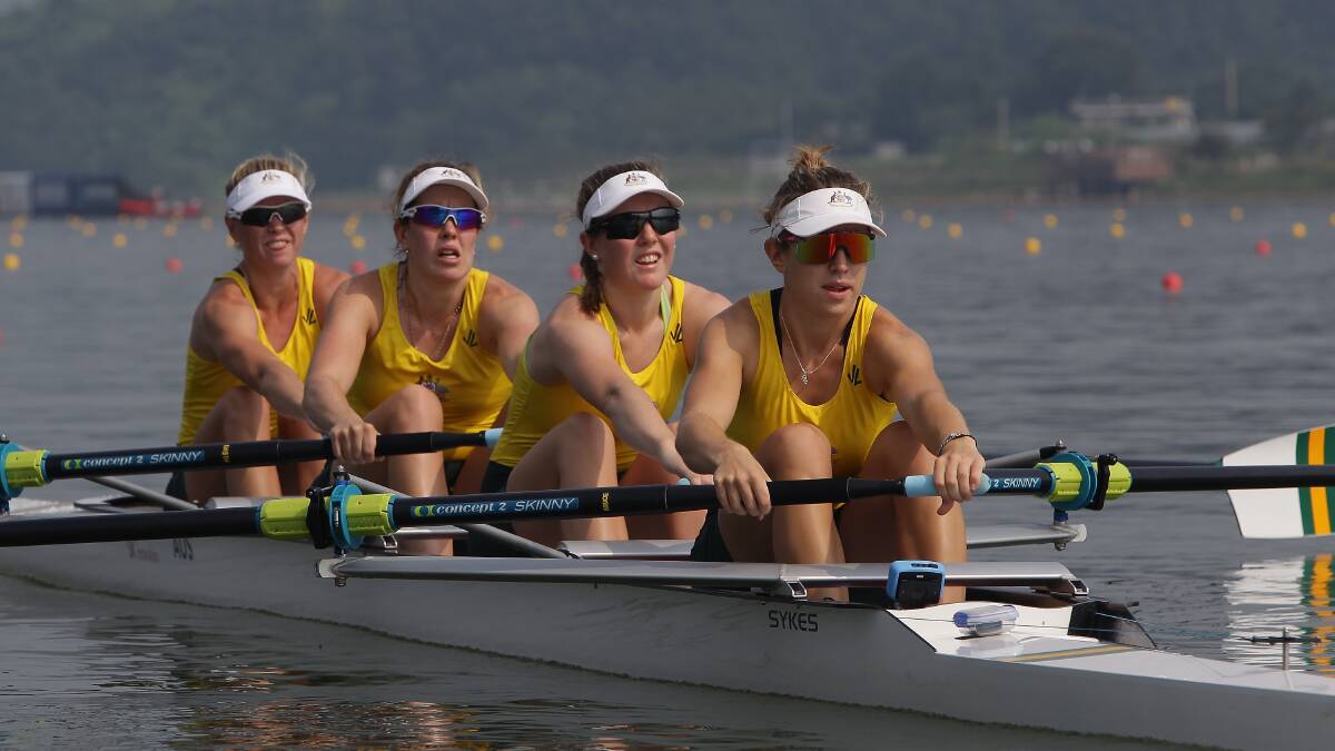 Lucy Stephan (front) competing in the Women's Four during day three of the 2013 World Rowing Championships.