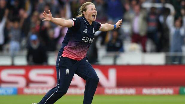 Anya Shrubsole of England celebrates after taking the final India wicket. Photo: Shaun Botterill
