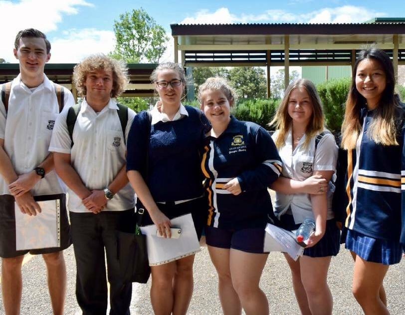 Holsworthy High School students Rhys Cropper, Angus Fairbank, Chloe Dean, Georgia Bentley, Joanna Horner and Yuri Gamboa were relieved to complete their first HSC exam on Thursday. Picture: Ashleigh Milton.