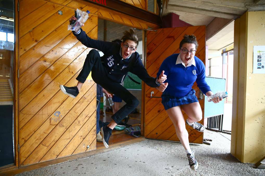 Colo High School students Taylor Mattes and Callie Cameron celebrate the successful completion of their first HSC exam. Photo: Geoff Jones