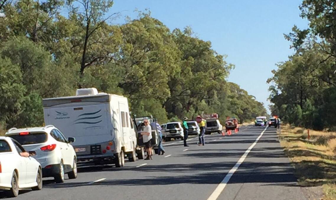 Emergency services at the crash scene near Trangie where three people died. Pic: Cassie Miller-Coen
