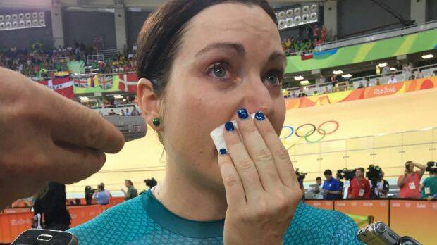 Anna Meares cries after riding the final race in her Olympic career. Photo: Samantha Lane
