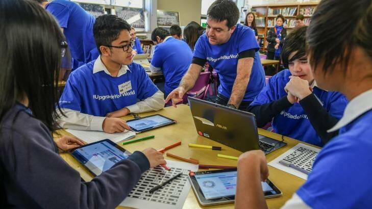 Students from Mitchell High School in Blacktown learn coding. Photo: Brendan Esposito