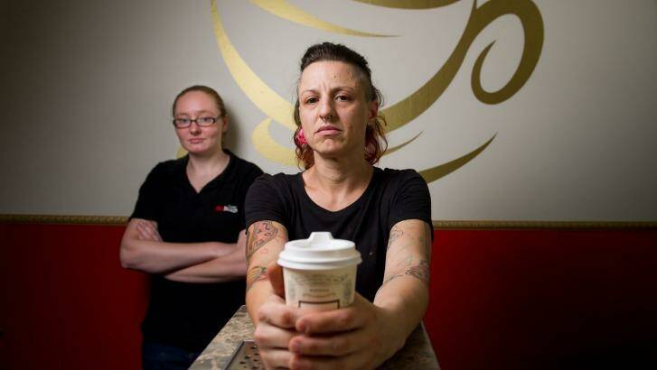 Jessica Klobucar aka Icy Red and Jolene Mifsud aka Rolene Misfit with one of the takeaway coffee cups Photo: Jay Cronan