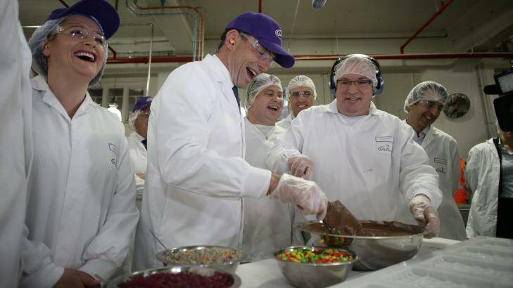 Tony Abbott at the Cadbury plant when making the $16 million election promise. Photo: Alex Ellinghausen