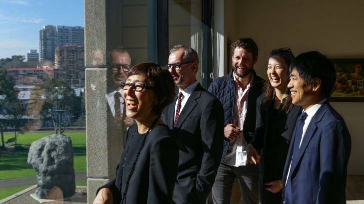 Winning architects of The Sydney Modern project from the architectural firm SANAA look out to the north of The Art Gallery of NSW where the new extension will be built.  From left is 
Kazuyo Sejima, AGNSW Director, Michael Brand, Artist Ben Quilty, Yumiko Yamadaof and Ryue Nishizawa. Photo: Dallas Kilponen