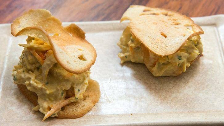 Spiced chicken escabeche tapa on crisp crouton at Movida. Photo: Jesse Marlow