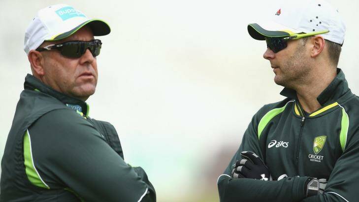 Michael Clarke (with coach Darren Lehmann) is forcing the Australian selectors to make a call about his future after the Ashes.  Photo: Ryan Pierse
