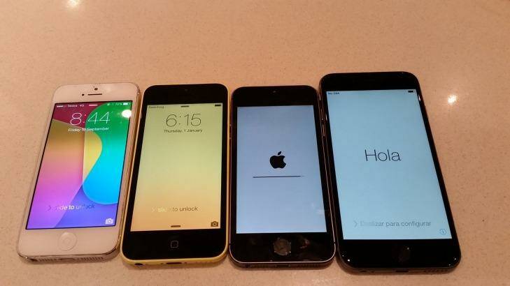 From left to right: iPhone 5, iPhone 5c, iPhone 5s, iPhone 6. Photo: Hannah Francis