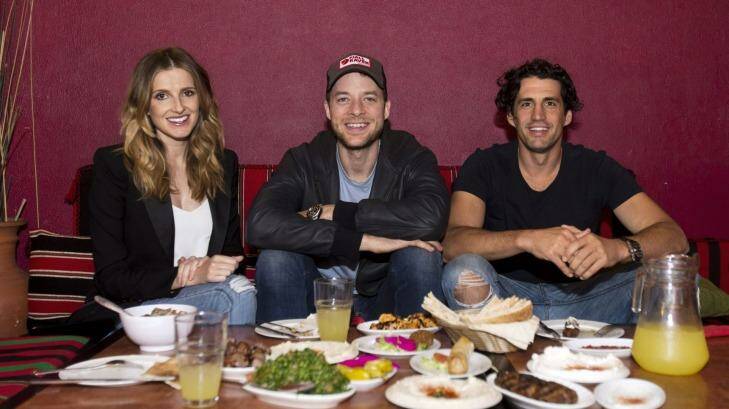 Kate Waterhouse with Hamish Blake and Andy Lee at Abdul's in Surry Hills. There has been a lot of luck involved their success, the pair say. Photo: Ryan Stuart