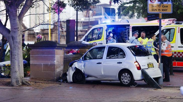 The hatchback ran into two people and hit a wall in Pyrmont at 4.50pm. Photo: James Brickwood