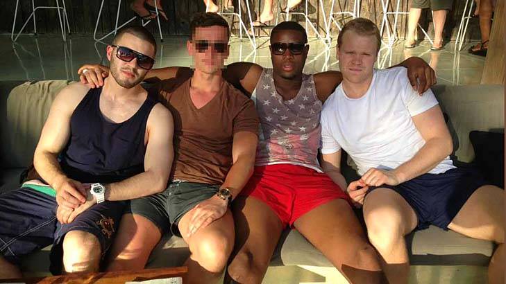 Southern Stars players who have been arrested, Ryan Hervel, left, David Obaze, second from right, and Joe Woolley on holiday in Bali. Photo: Facebook