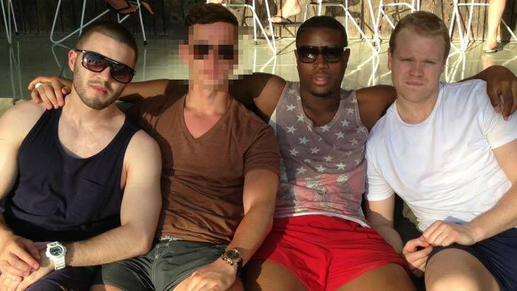 Southern Stars players who have been arrested, Ryan Hervel, left, David Obaze, second from right, and Joe Woolley on holiday in Bali. Photo: Facebook