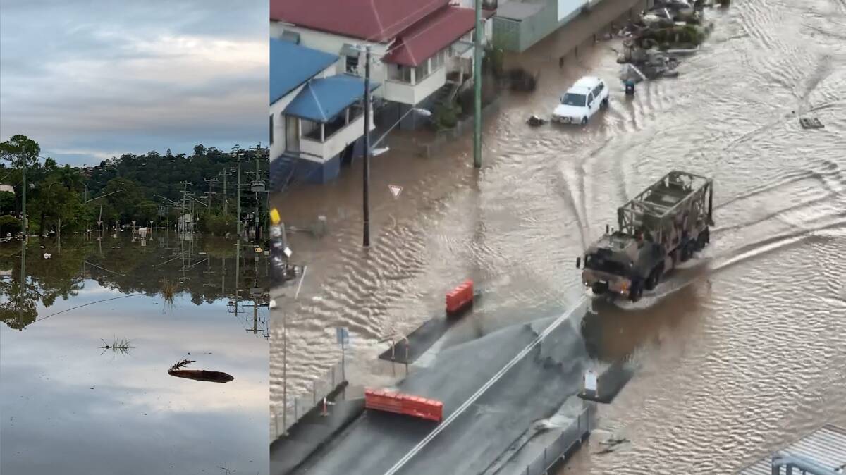 A flooded street will still water and floating debris in Lismore on Thursday (left) and an ADF vehicle that made its way through floodwaters on Wednesday (right). Left photo: @scottybrizzle. Right photo: Angus Gray.