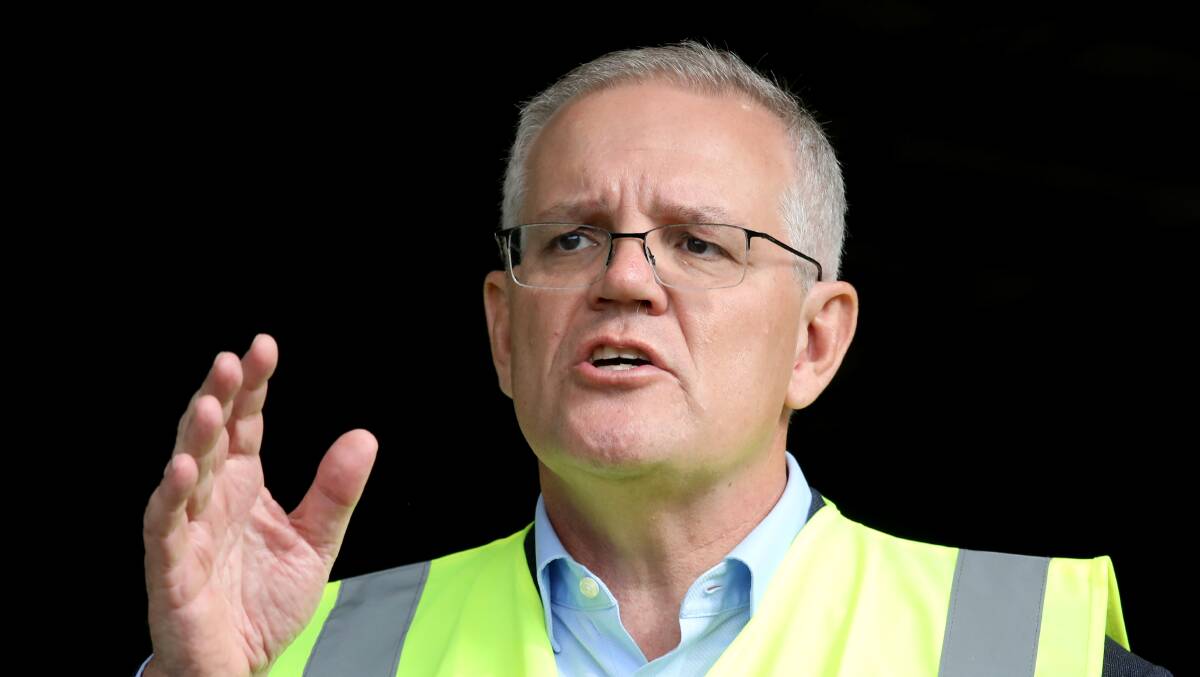 Prime Minister Scott Morrison holds a press conference after touring Neville Smith Forest Products in Mowbray, Tasmania, in the seat of Bass. Picture: James Croucher