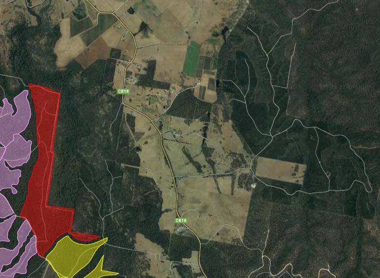 The red area is a new native forestry coupe west of Pipers Brook Road. Image: Sustainable Timber Tasmania