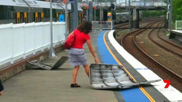 Pieces of debris on a platform at Burwood station, after a roof hatch fell off a train. Photo: Seven News