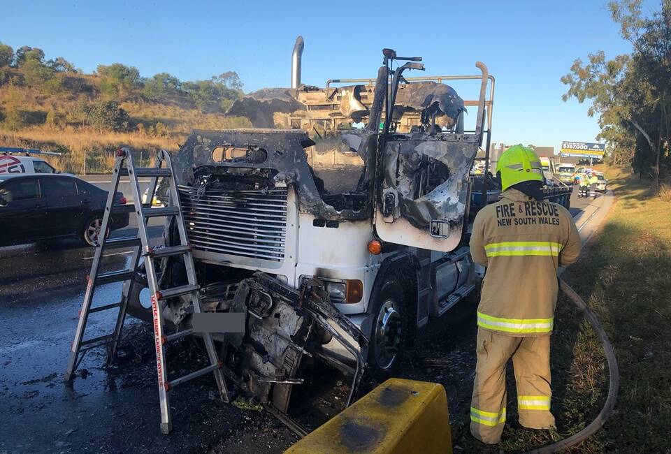 This truck caught fire on the M5 near Casula on Wednesday morning. Picture: Live Traffic NSW
