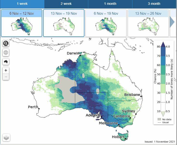 A sample of the new BOM extreme weather map, this time looking at the chance of heavy rainfall over the next week.
