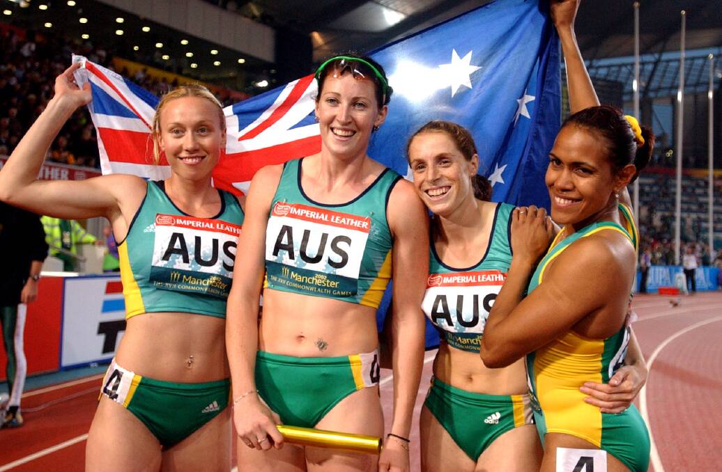 Track star: Australia's gold medal winning 4 x 400M relay team at the Manchester Commnwealth Games: Tamsyn Lewis, Jana Pittman Lauren Hewitt and Cathy Freeman. Picture: AAP