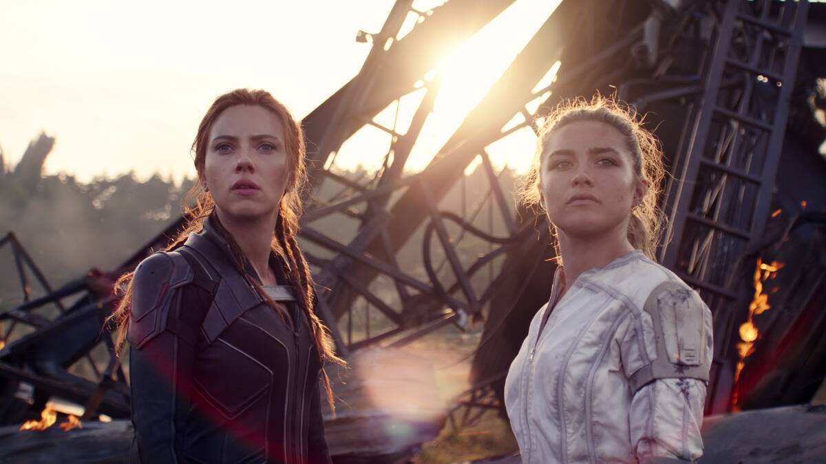 Dynamic duo: Scarlett Johansson and Florence Pugh star as highly trained killers in Marvel's latest adventure, Black Widow, rated M, streaming on Disney+ with Premier Access now. Picture: Disney+