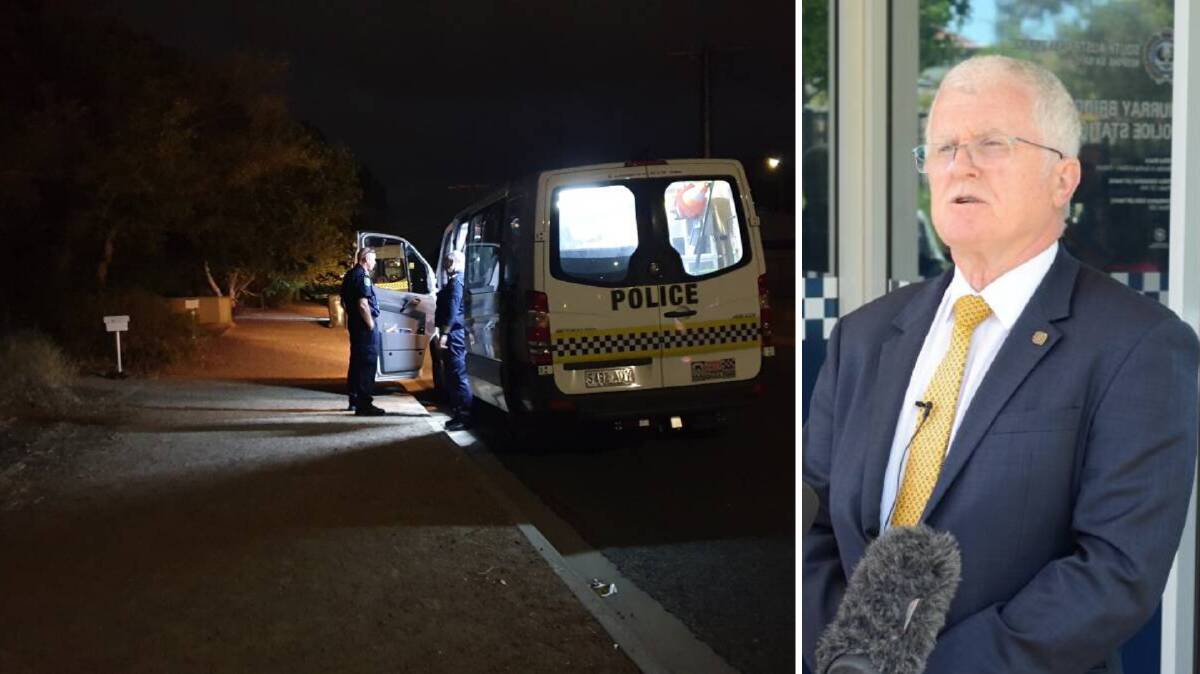 The crime scene on Tennyson Terrace, Murray Bridge on Wednesday night (left); and Detective Superintendent Des Bray speaks with media outside Murray Bridge Police Station on Thursday afternoon.

