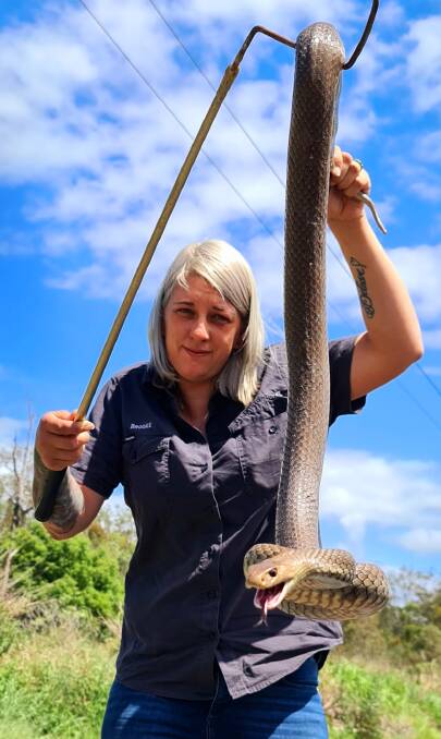 Brooke Harrison with the 1.9m brown snake. Photo: Supplied