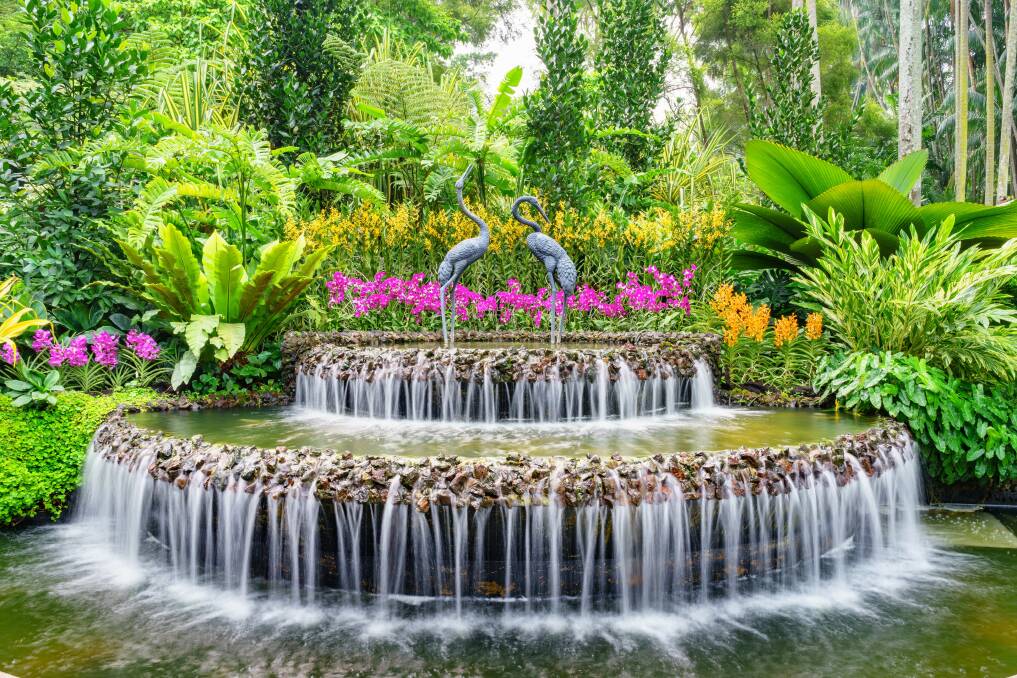 A fountain in the Orchid Gardens in Singapore where the tour starts and you find yourself immersed in the exotic cultures of South East Asia and the Middle East.