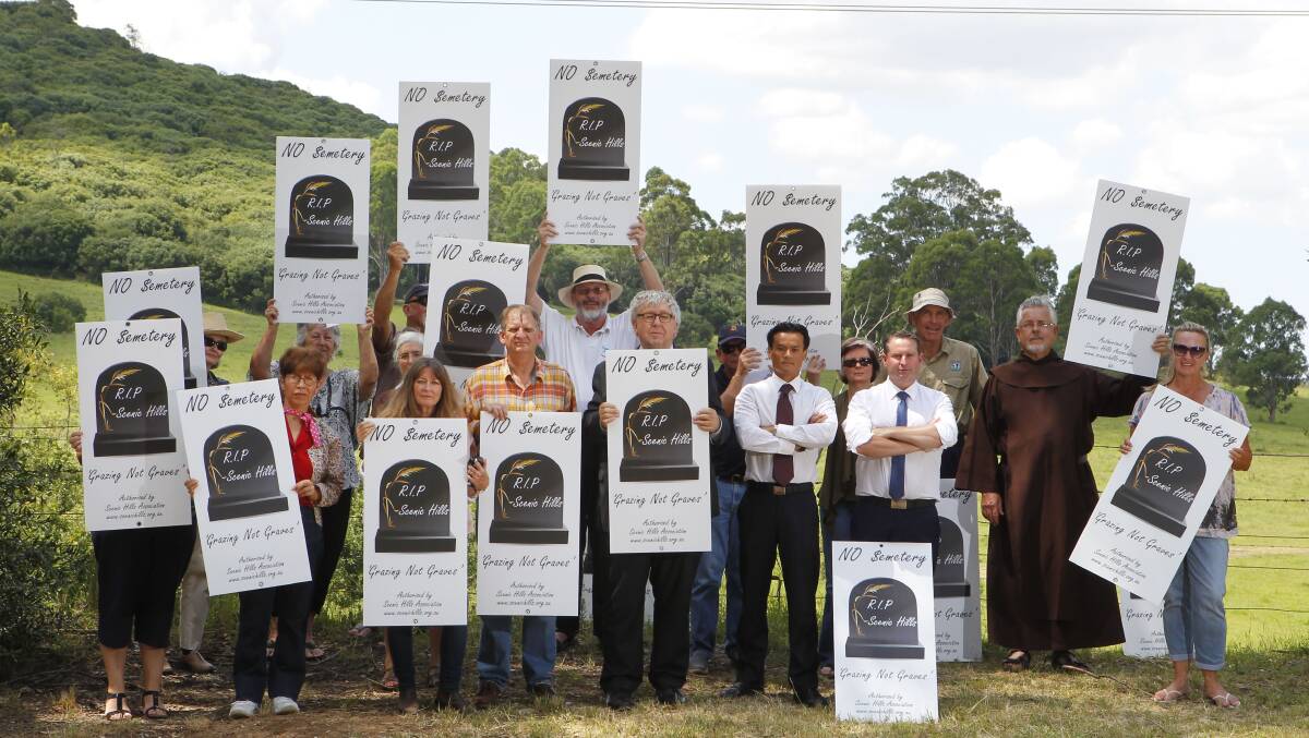 No cemetery: Local resident including Jacqui Kirkby and the Discalced Carmelites as well as local MPs Laurie Ferguson (Werriwa), Anoulack Chanthivong (Macquarie Fields) and Greg Warren (Campbelltown) all oppose the proposed cemetery in the Scenic Hills. Picture: Anna Warr