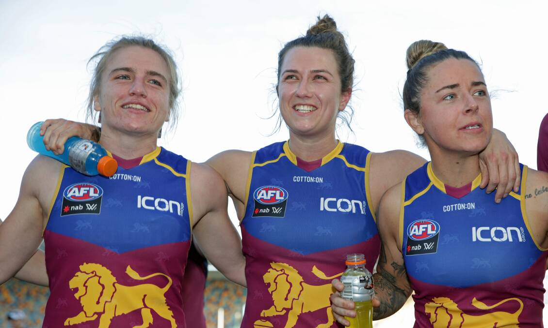 HEAR OUR MIGHTY ROAR: Garvoc export Maria Moloney (left) played three games for Brisbane as part of a winter series in Queensland. Those performances helped her get drafted to the club. Picture: Brisbane Lions