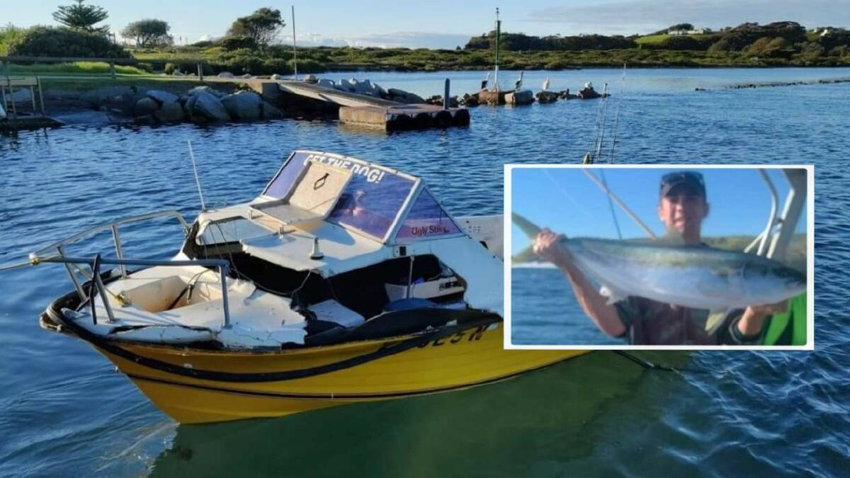 The damaged 4.9-metre cabin runabout and, inset, the Narooma teenager was out fishing when the freak accident happened 500 metres off the coast. Image: Supplied. 