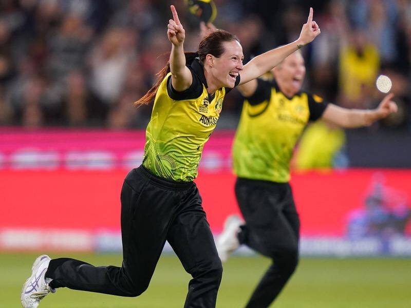 Megan Schutt celebrates the moment the Australian women's team won the Twenty20 World Cup.