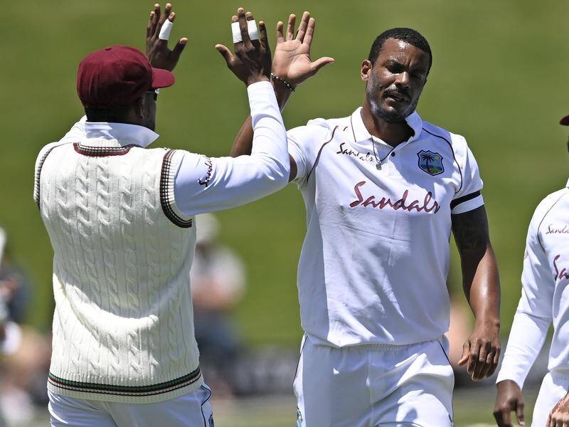 West Indies paceman Shannon Gabriel (c) celebrates the wicket of NZ's Will Young in the first Test.