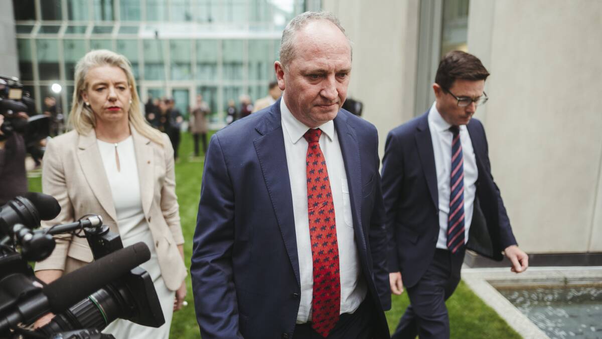 Barnaby Joyce, flanked by Bridget McKenzie and David Littleproud, after the Nationals leadership spill. Picture: Dion Georgopoulos